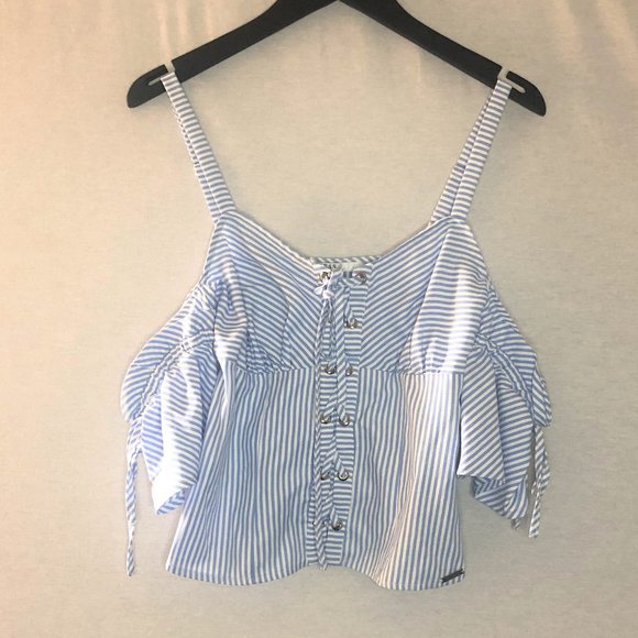(NEW) GUESS baby blue cold-shoulder top - Picture 3 of 5